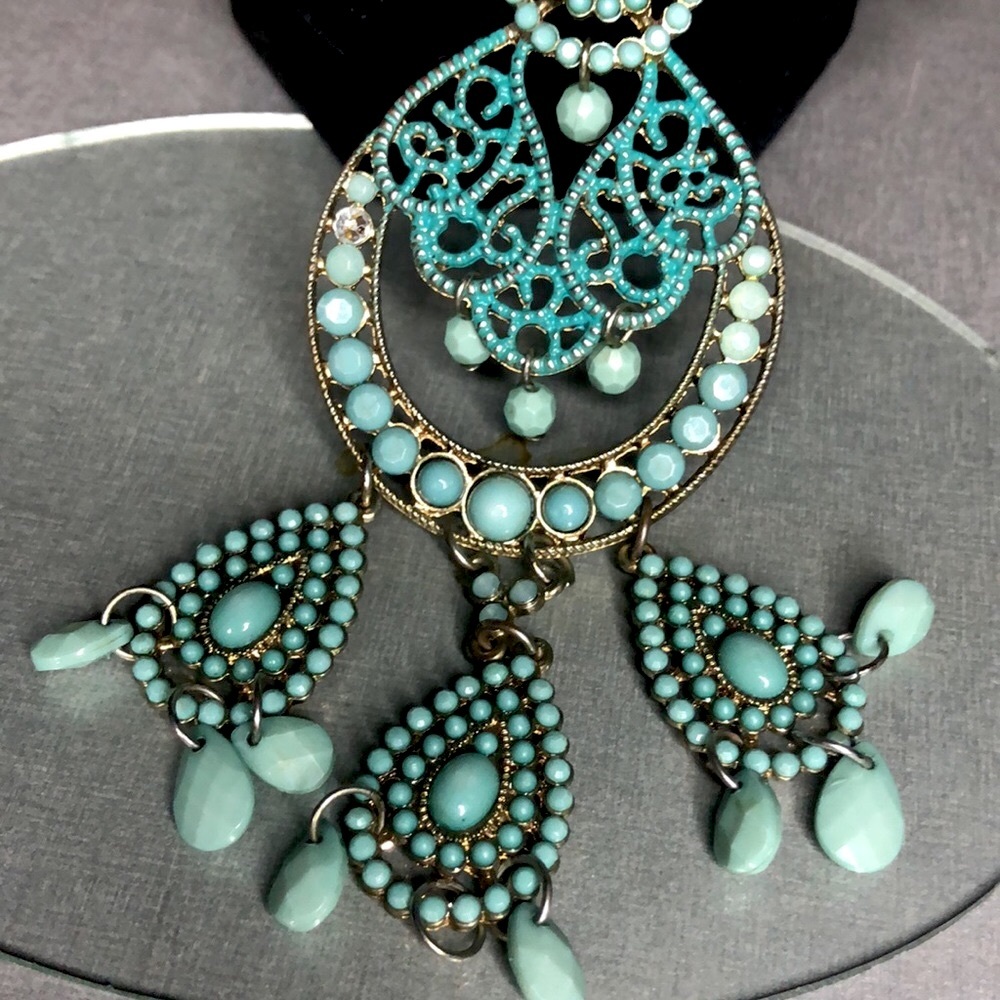 Turquoise Teardrop Filigree Chandelier Necklace